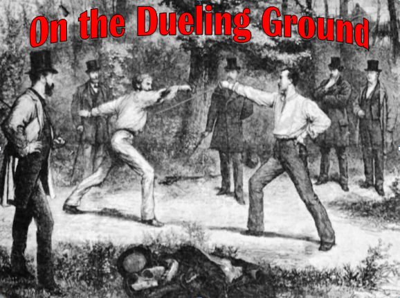 Two men dueling.